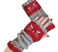 Genérico Women's Knitted Fingerless Gloves with Cute Cat Embroidery, Knitted Fingerless Gloves, Warm Cozy Winter Vintage (Red)