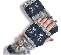 Genérico Women's Knitted Fingerless Gloves with Cute Cat Embroidery, Knitted Fingerless Gloves, Warm Cozy Winter Vintage (Blue)