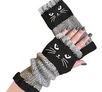 Genérico Women's Knitted Fingerless Gloves with Cute Cat Embroidery, Knitted Fingerless Gloves, Warm Cozy Winter Vintage (Black)