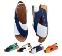 Genérico Women's Large Size Cross-Laced Wedge Heel Sandals Summer Color Block Arch Support Shoes Open Toe Platform Wedge Sandals Slip on Flat Slippers Slides (Blue,41)