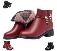 Genérico Womens Leather Wool Orthopedic Boots Winter Waterproof Warm Rhinestone Block Heel Side Zipper Flat Ankle Booties (Red,42)