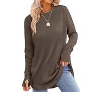 Genérico Womens Long Sleeve T-Shirts Tunic Tops with Thumb Hole Crew Neck Curved Hem to Wear with Leggings for Casual Exercise (Brown,XL)