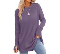 Genérico Womens Long Sleeve T-Shirts Tunic Tops with Thumb Hole Crew Neck Curved Hem to Wear with Leggings for Casual Exercise (Dark Purple,L)