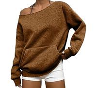 Genérico Womens Off Shoulder Sweatshirt Drop Shoulder Oversized Long Sleeve Pullover Top Fall Outfits with Pocket Trendy Y2k (Brown,M)