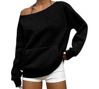 Genérico Womens Off Shoulder Sweatshirt Drop Shoulder Oversized Long Sleeve Pullover Top Fall Outfits with Pocket Trendy Y2k (Black,3XL)