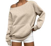 Genérico Womens Off Shoulder Sweatshirt Drop Shoulder Oversized Long Sleeve Pullover Top Fall Outfits with Pocket Trendy Y2k (Apricot,XXL)