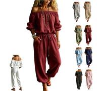 Genérico Women's Off Shoulder Tie Waist Long Sleeve Jumpsuit/Outfit，Red：3XL