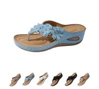 Genérico Women's Orthopedic Arch Support Wedge Flip Flops with Floral Appliques Flower Platform Thong Sandals Comfortable Thong Sandals (Sky Blue,39)