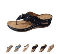 Genérico Women's Orthopedic Arch Support Wedge Flip Flops with Floral Appliques Flower Platform Thong Sandals Comfortable Thong Sandals (Dark Blue,42)