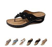 Genérico Women's Orthopedic Arch Support Wedge Flip Flops with Floral Appliques Flower Platform Thong Sandals Comfortable Thong Sandals (Black,42)
