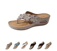 Genérico Women's Orthopedic Arch Support Wedge Flip Flops with Floral Appliques Flower Platform Thong Sandals Comfortable Thong Sandals (Khaki,38)