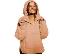 Genérico Women's Oversized Hooded Puffer Jacket Pullover Padded Hoodies Coat Oversized Quilted Lightweight Winter Warm (Light Brown,L)
