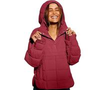 Genérico Women's Oversized Hooded Puffer Jacket Pullover Padded Hoodies Coat Oversized Quilted Lightweight Winter Warm (Wine Red,S)