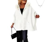 Genérico Women's Oversized Knit Poncho Coat, Women’s Zip Up Hooded Poncho Sweater, Fur Collar Open Front Long Cardigan Coat (White,XXL)