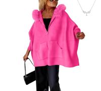Genérico Women's Oversized Knit Poncho Coat, Women’s Zip Up Hooded Poncho Sweater, Fur Collar Open Front Long Cardigan Coat (Pink,L)