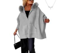 Genérico Women's Oversized Knit Poncho Coat, Women’s Zip Up Hooded Poncho Sweater, Fur Collar Open Front Long Cardigan Coat (Gray,S)