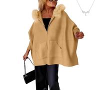 Genérico Women's Oversized Knit Poncho Coat, Women’s Zip Up Hooded Poncho Sweater, Fur Collar Open Front Long Cardigan Coat (Khaki,S)