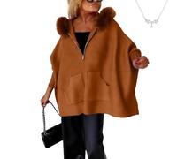Genérico Women's Oversized Knit Poncho Coat, Women’s Zip Up Hooded Poncho Sweater, Fur Collar Open Front Long Cardigan Coat (Brown,L)