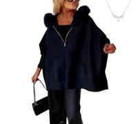 Genérico Women's Oversized Knit Poncho Coat, Women’s Zip Up Hooded Poncho Sweater, Fur Collar Open Front Long Cardigan Coat (Black,M)