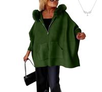 Genérico Women's Oversized Knit Poncho Coat, Women’s Zip Up Hooded Poncho Sweater, Fur Collar Open Front Long Cardigan Coat (Green,S)