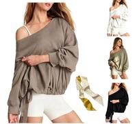 Genérico Women's Oversized Off Shoulder Sweatshirt，Adjustable Drawstring Hem,Casual Loose Batwing Sleeve Pullover Sweatshirt