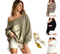 Genérico Women's Oversized Off Shoulder Sweatshirt，Adjustable Drawstring Hem,Casual Loose Batwing Sleeve Pullover Sweatshirt
