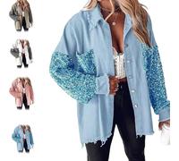 Genérico Women's Oversized Sequin Patchwork Long Sleeve Button Front Denim Jacket,Women's Oversized Jacket Sequin Fringe Patchwork (Blue,XXL)