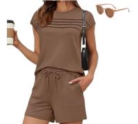 Genérico Women's Pintuck T-Shirt Drawstring Shorts 2-Pcs Set,Summer Causal Crew Neck Sweatsuit with Pockets,Solid Color Loungewear Set