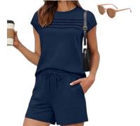 Genérico Women's Pintuck T-Shirt Drawstring Shorts 2-Pcs Set,Summer Causal Crew Neck Sweatsuit with Pockets,Solid Color Loungewear Set