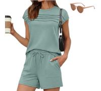 Genérico Women's Pintuck T-Shirt Drawstring Shorts 2-Pcs Set,Summer Causal Crew Neck Sweatsuit with Pockets,Solid Color Loungewear Set