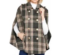Genérico Women's Plaid Winter Cape Coat, Double Breasted Cape with Pockets Stylish Outwear, for Womens (E,XL)
