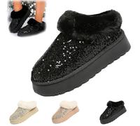 Genérico Women's Platform Glitters Sequins Flat Slipperses, Glitter Sequin Fuzzy Slippers,Warm Glitter Sequin Winter Snow Boots,Winter Snow Boots Fuzzy Fluffy Lined Slippers (Black,38)