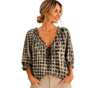 Genérico Women's Polka Dot Lace Up Blouse Summer Casual V Neck 3/4 Sleeve Loose Flowy Drawstring Lace Up Tops Shirts (H,S)