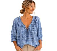 Genérico Women's Polka Dot Lace Up Blouse Summer Casual V Neck 3/4 Sleeve Loose Flowy Drawstring Lace Up Tops Shirts (B,L)