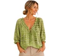 Genérico Women's Polka Dot Lace Up Blouse Summer Casual V Neck 3/4 Sleeve Loose Flowy Drawstring Lace Up Tops Shirts (F,M)