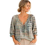 Genérico Women's Polka Dot Lace Up Blouse Summer Casual V Neck 3/4 Sleeve Loose Flowy Drawstring Lace Up Tops Shirts (A,S)