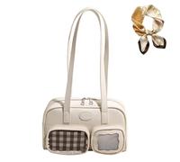 Genérico Women's Retro PU Leather Bowling Bag, Preppy Style Underarm Bag, Large Capacity Plaid Mesh Double Pocket Shoulder Purse