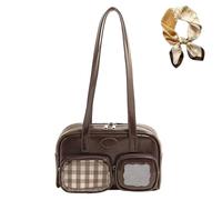 Genérico Women's Retro PU Leather Bowling Bag, Preppy Style Underarm Bag, Large Capacity Plaid Mesh Double Pocket Shoulder Purse