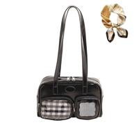 Genérico Women's Retro PU Leather Bowling Bag, Preppy Style Underarm Bag, Large Capacity Plaid Mesh Double Pocket Shoulder Purse