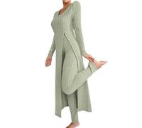 Genérico Women's Ribbed Knit Two Piece Set Long Sleeve Slit Top High Waist Pants,Fall Lounge Outfit,Soft Comfort Matching Set (light green, M)