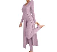 Genérico Women's Ribbed Knit Two Piece Set Long Sleeve Slit Top High Waist Pants,Fall Lounge Outfit,Soft Comfort Matching Set (light purple, XXL)