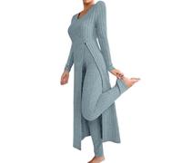 Genérico Women's Ribbed Knit Two Piece Set Long Sleeve Slit Top High Waist Pants,Fall Lounge Outfit,Soft Comfort Matching Set (light blue, L)
