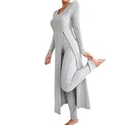 Genérico Women's Ribbed Knit Two Piece Set Long Sleeve Slit Top High Waist Pants,Fall Lounge Outfit,Soft Comfort Matching Set (Gray, XXL)