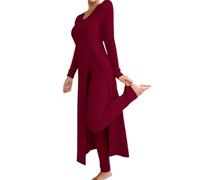 Genérico Women's Ribbed Knit Two Piece Set Long Sleeve Slit Top High Waist Pants,Fall Lounge Outfit,Soft Comfort Matching Set (red, XXL)