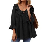 Genérico Womens Scoop Neck Ruffle 3/4 Sleeve Casual Fall Tops Casual Tie Front Ruffle Tiered Loose Shirts Holiday Blouses (Black,S)