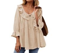 Genérico Womens Scoop Neck Ruffle 3/4 Sleeve Casual Fall Tops Casual Tie Front Ruffle Tiered Loose Shirts Holiday Blouses (Apricot,XL)