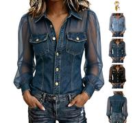 Genérico Women's Sheer Mesh Long Sleeve Denim Shirt, Button Down See Through Blouse with Chest Pockets, Casual Sexy Slim Fit Jean Top (FR/ES, Letras, XXL, Regular, Regular, Dark Blue)