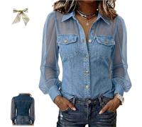 Genérico Women's Sheer Mesh Long Sleeve Denim Shirt,Button Down See Through Blouse with Chest Pockets,Sexy Faux Denim Fitted Top (FR/ES, Letras, M, Regular, Regular, Light Blue)