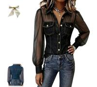 Genérico Women's Sheer Mesh Long Sleeve Denim Shirt,Button Down See Through Blouse with Chest Pockets,Sexy Faux Denim Fitted Top (FR/ES, Letras, L, Regular, Regular, Black)