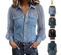 Genérico Women's Sheer Mesh Long Sleeve Denim Shirt, Button Down See Through Blouse with Chest Pockets, Casual Sexy Slim Fit Jean Top (FR/ES, Letras, XXL, Regular, Regular, Light Blue)